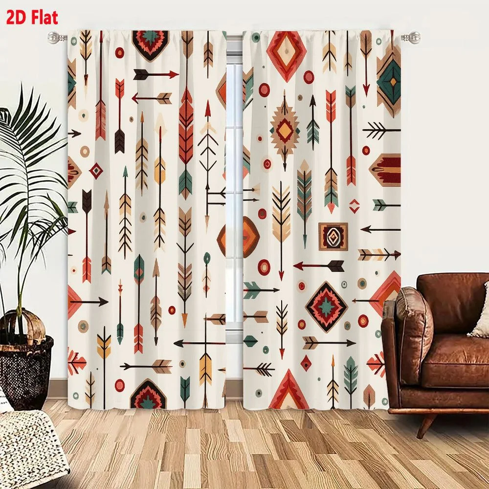 2Pcs Curtains 2D Flat Southwestern Native American Arrow Pattern Terracotta Olive Teal Geometric Tribal Art Window Drapes for Be