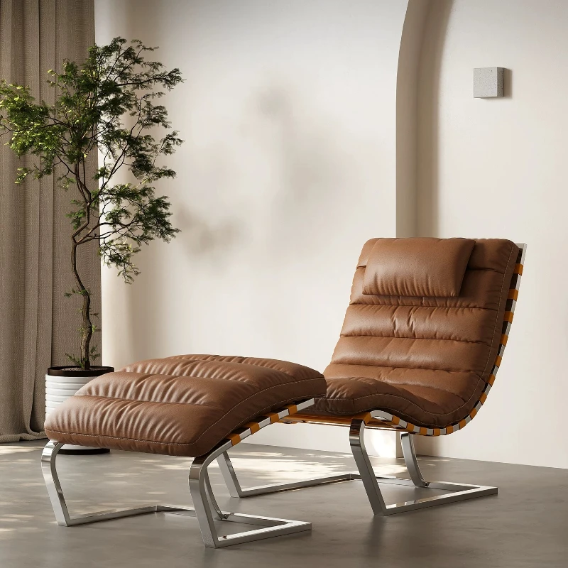 Leisure chair, light luxury living room balcony genuine leather single sofa chair, high-end footrest lounge chair