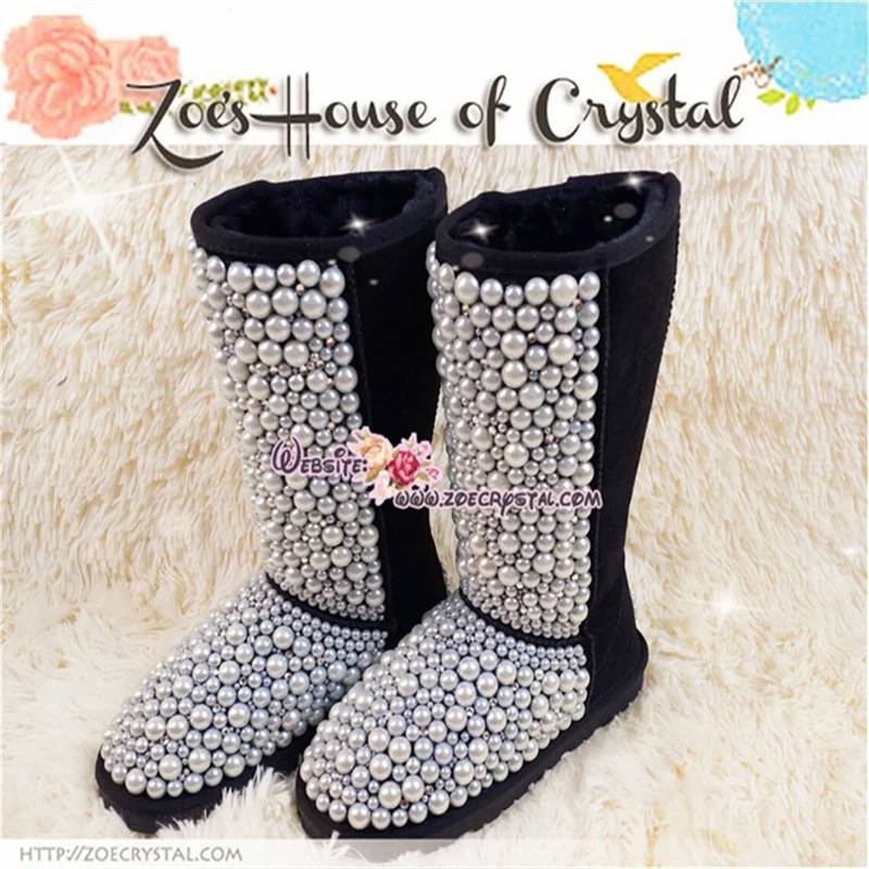 Design all pearl sequins custom tall fur one snow boots handmade custom women's large size casual flat cotton shoes 35-44