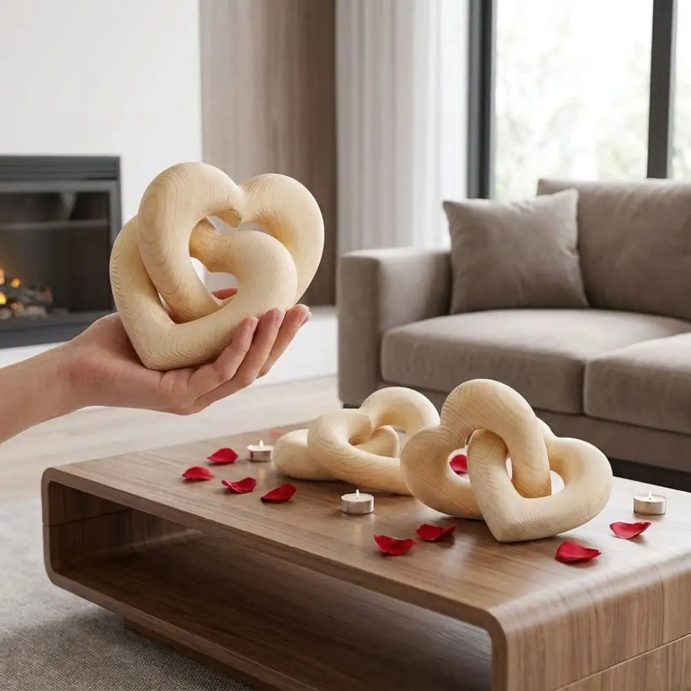 Handmade Wooden Hearts Knot Ornaments Rustic Farmhouse Romantic Interlocked Double Heart Chain Anti-Scratch Natural