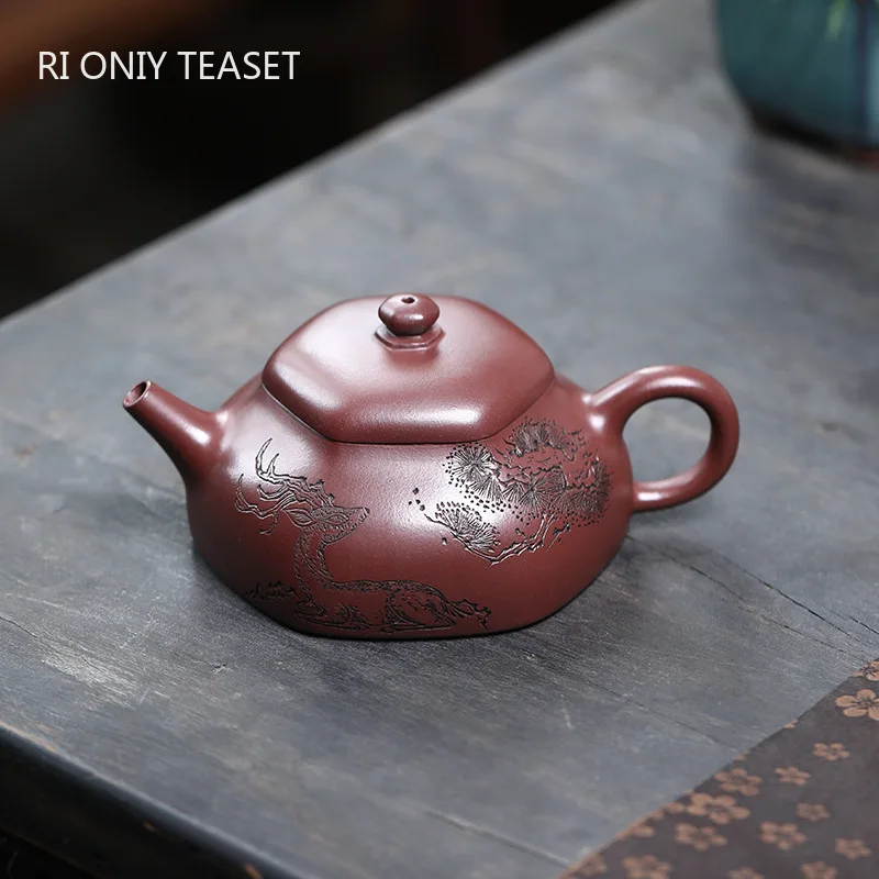 

230ml Chinese Yixing Purple Clay Teapot Famous Hand-carved Pine Tree Pattern Tea Pot Handmade Kettle Raw Ore Zisha Teaware
