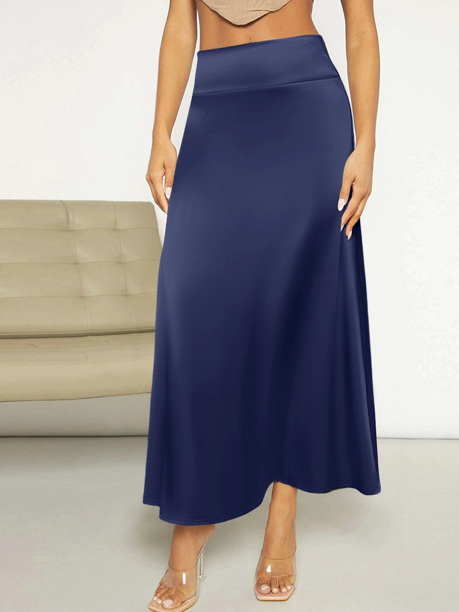 

Cozy Women's Stretch Knit Maxi Skirt High Waist Fold-Over Waistband Solid Color Flared Skirt for Loungewear Home Wear