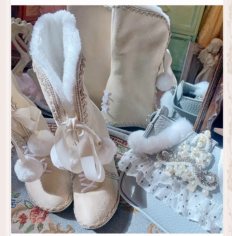 Japanese Original Lolita Mid-leg Boots Pointed Toe Shoes Hairball Bow Sweet and Cute Retro Fleece Inner Heightened Knight Boots