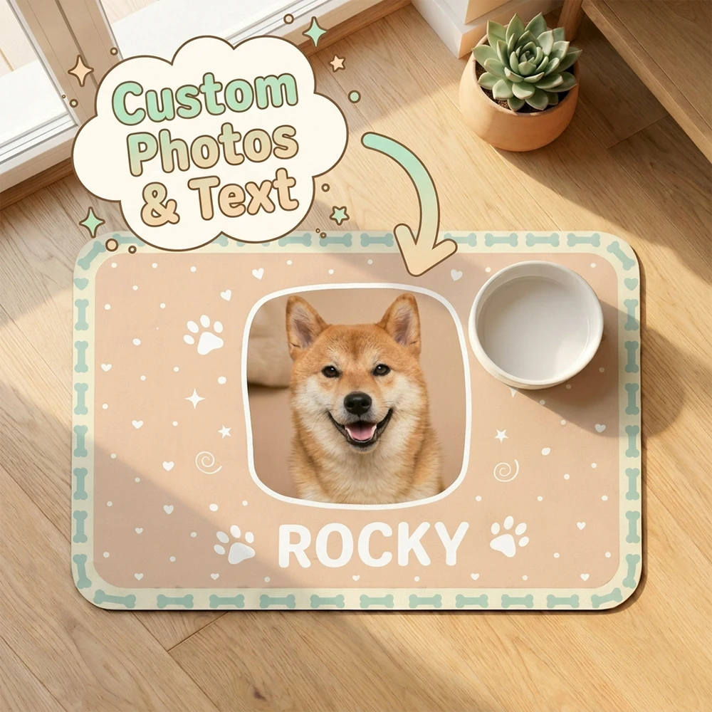 1PC Personalized Custom Pet Water Bowl Feeding Mat,Spill Containment Rug,Holiday Surprise Gift,Pet Parents,Daily Feeding Area