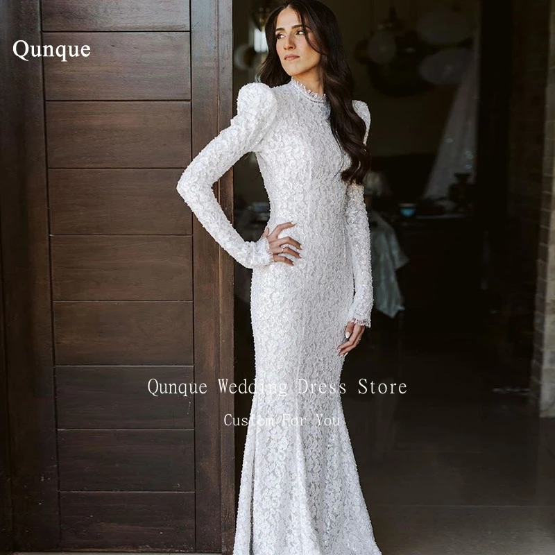 Qunque Sparkly Lace Mermaid Wedding Dress Customized Vestido Women Long Sleeves Bridal Gowns High Neck Robe De Soirée De Mariage