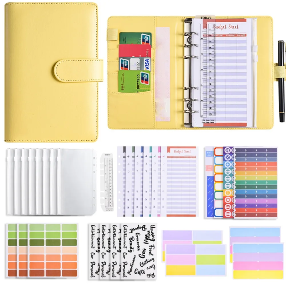 

A6 Cash Budget Ledger Macaron Color Magnetic button Loose-leaf Notebook Zippered Pockets with Index Tags Coil PU Leather Folder