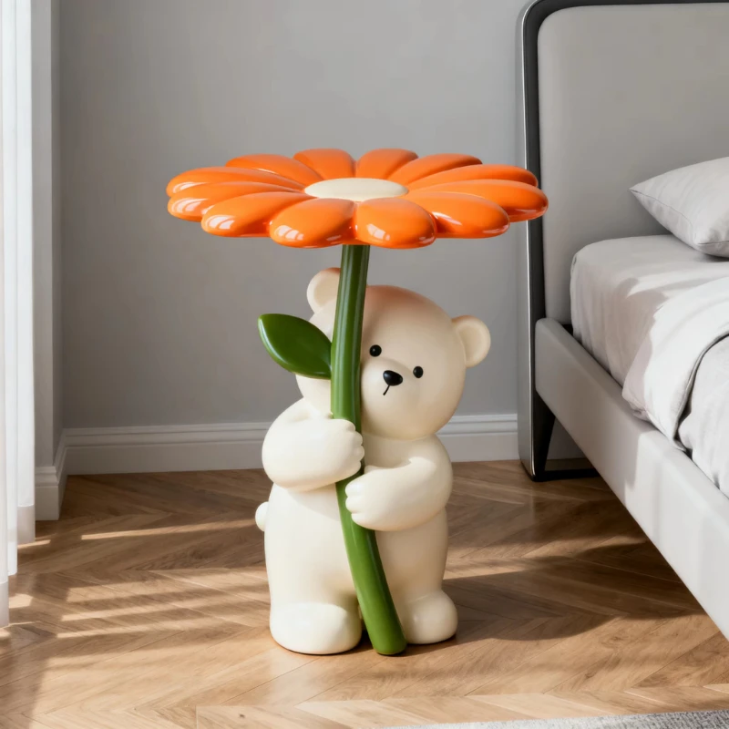 Daisy accent table, resin bear sculpture side table, orange flowers, modern interior design