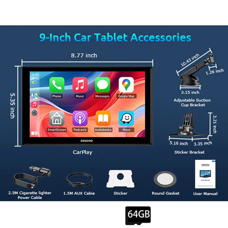 ESSGOO 9"4K Draagbare Carplay IPS Touchscreen Universele Autostereo Radio Trucks Android Auto Mirror Link AUX FM USB Bluetooth TF
