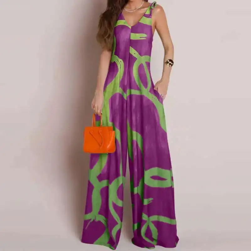 Pelele con tirantes sin mangas y estampado informal, monos plisados de calle a la moda, mono elegante con cuello en V y bolsillo de pierna ancha