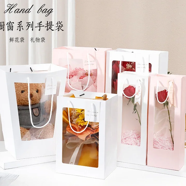 10pcs Trapezoidal Flower Handbag Transparent Window Bouquet Handheld Flower Arrangement Box Creative Gift Portable Pack boxBag