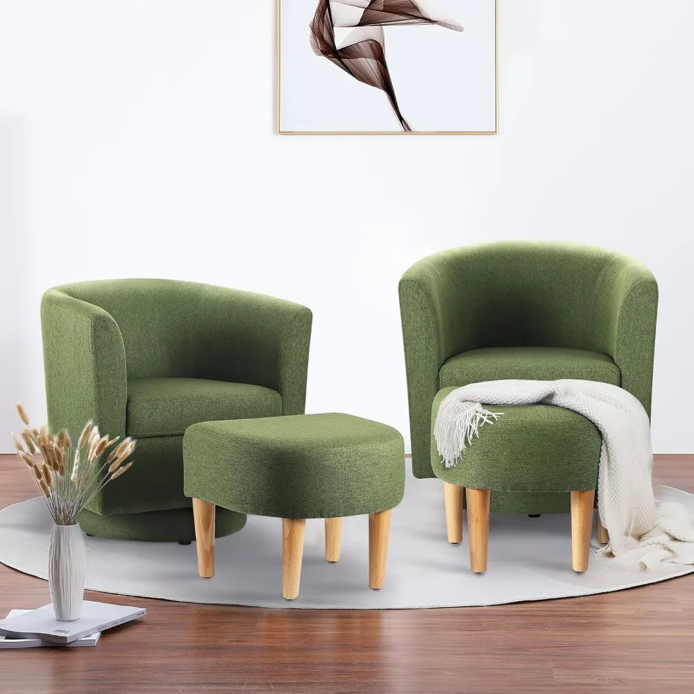 Accent Chair Set of 2, Mid Century Modern Swivel Chair with Ottoman, Living Room Chairs Comfy Armchair 360 Degree Swivel Barrel