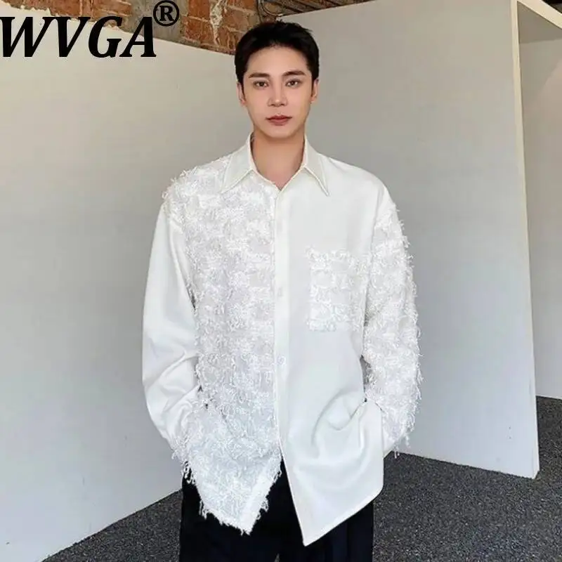 

WVGA New Men's Spring Autumn Fashion Tassel Patchwork Trendy Long Sleeve Shirt Niche Chic Casual Turn-Down Collar Top Ins W23214