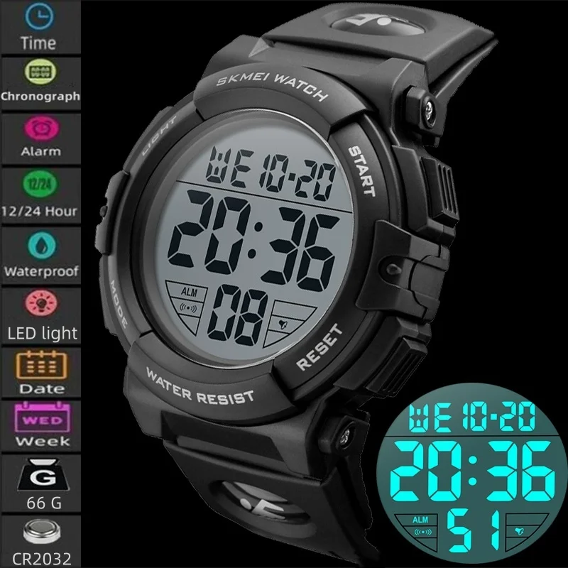 Skmei Fashion Big Dial Mens Sports Watches Waterproof Swimming LED Light Chronograph Date Digital Alarm Clock Male