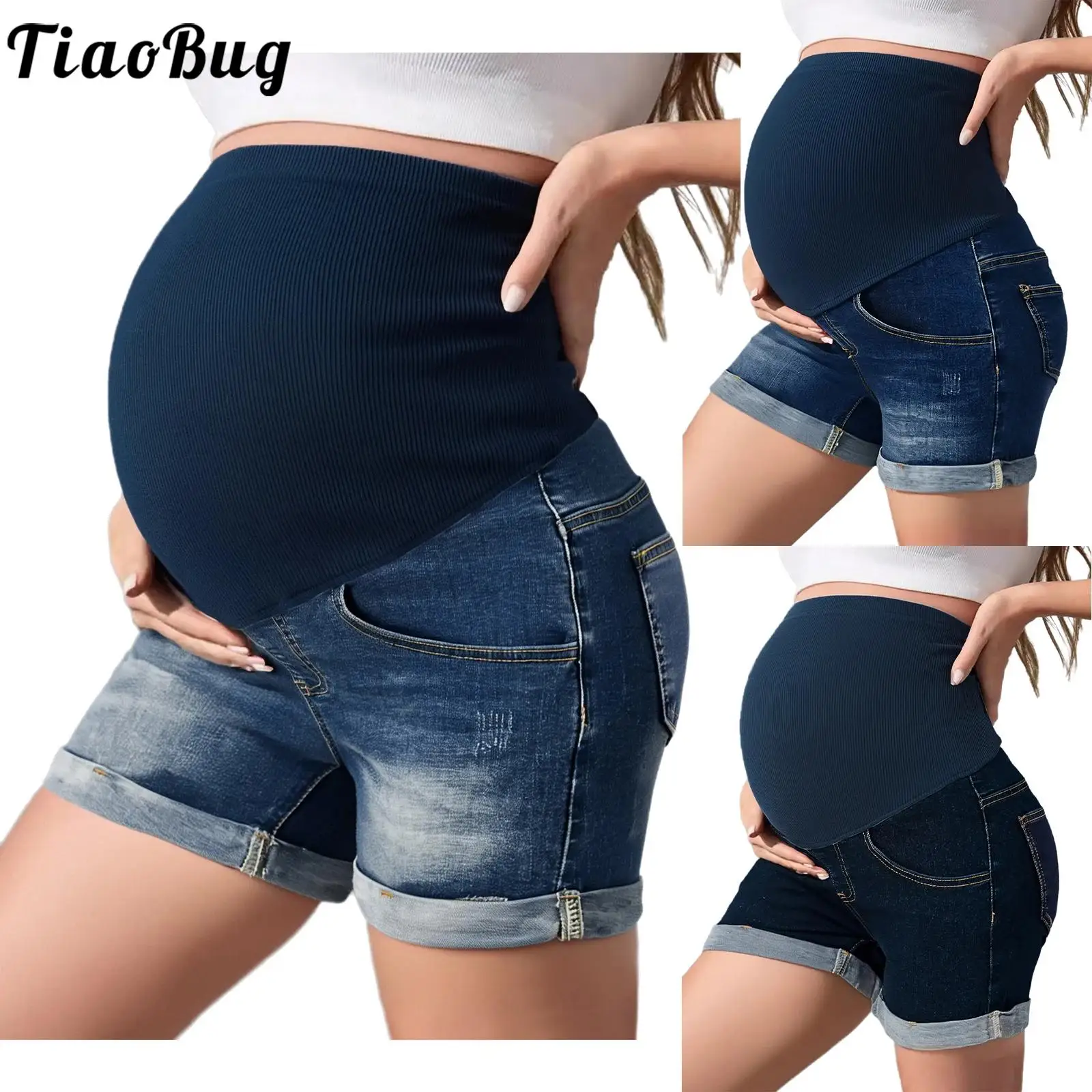 Pregnancy Women Maternity Casual Denim Shorts Over The Belly High Waist Stretchy Abdomen Supporting Jean Short Pants with Pocket