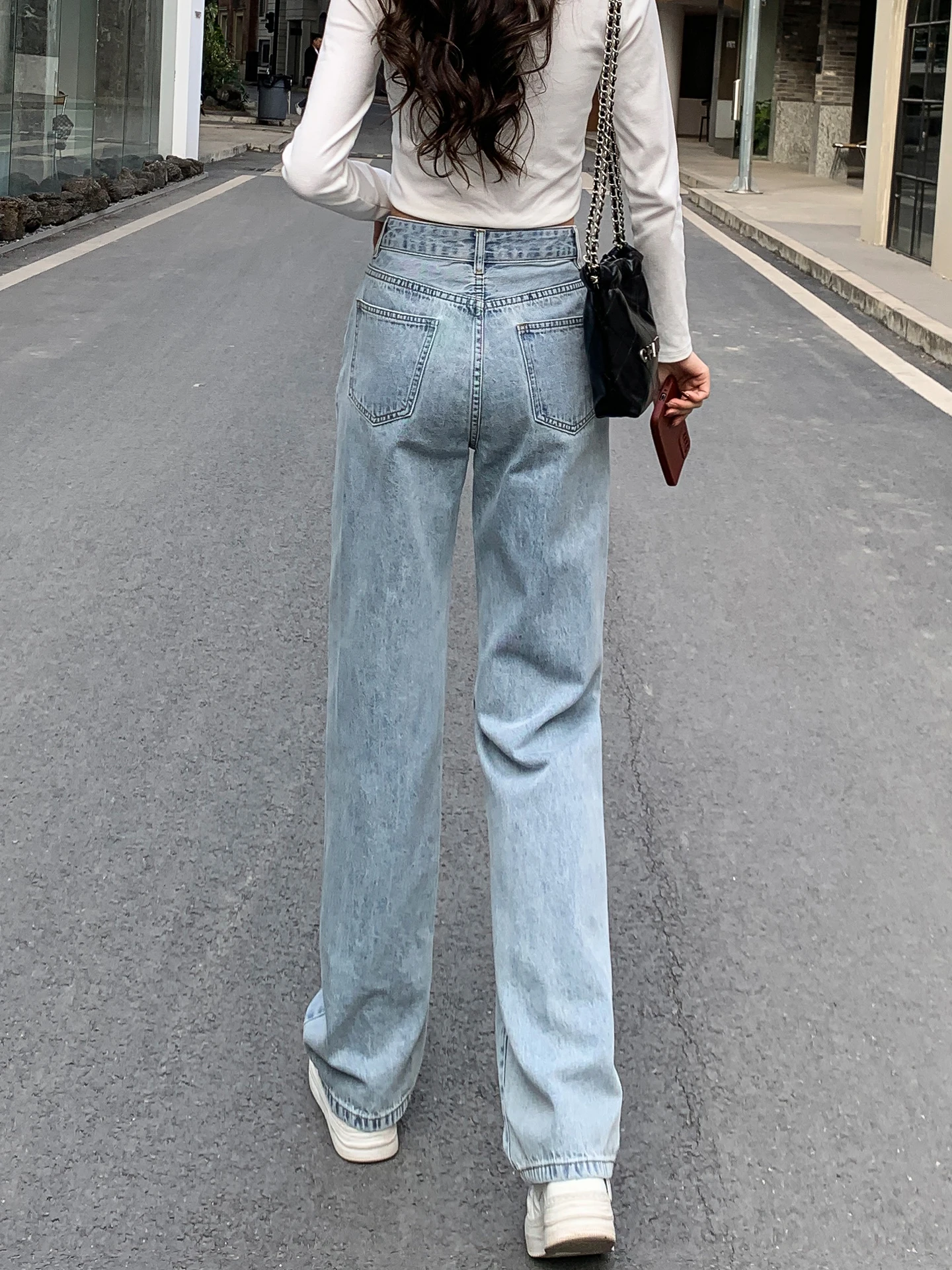 

Retro Light Blue Women's Jeans High Waist Slim Straight Leg Floor-Length Wide Leg Pants Versatile Spring Autumn Small Size