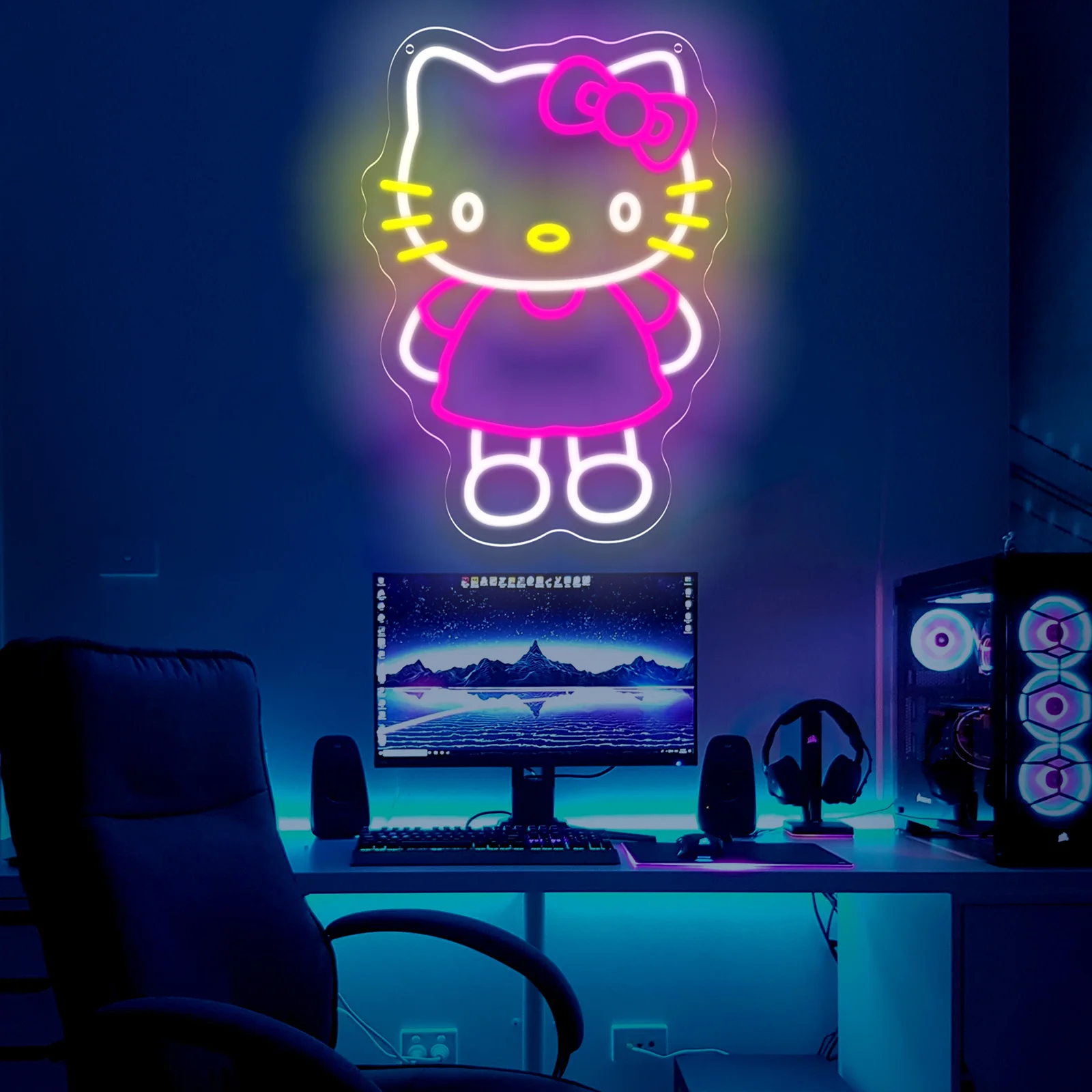 مرحبا كيتي النيون عكس الضوء LED Kawaii ضوء النيون لغرفة النوم لعبة غرفة نافذة الحفلات مقهى بار المشروبات متجر ديكور #3