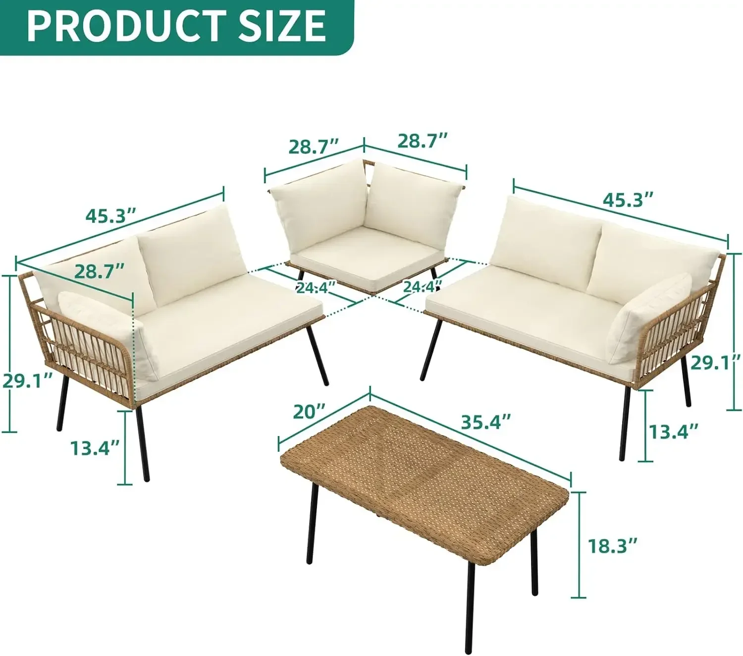 YITAHOME Juego de muebles de patio de 4 piezas, sofá seccional de conversación tejido de ratán para exteriores en forma de L con 5 plazas para patio trasero,