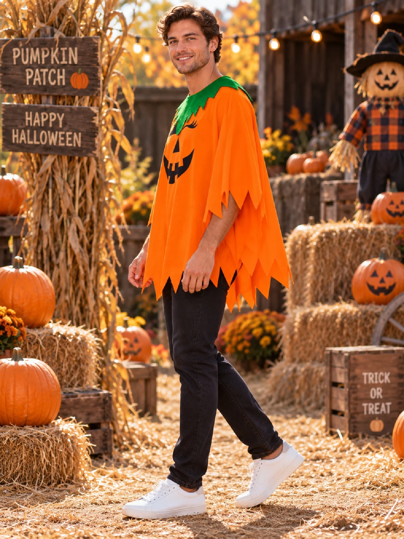 Men's Halloween Pumpkin Cape Costume, Orange Jack Pumpkin Face Print Cape T-Shirt, Frilled Green Collar Party Role-Playing Top, Halloween Trick-Or-Treat Outfit