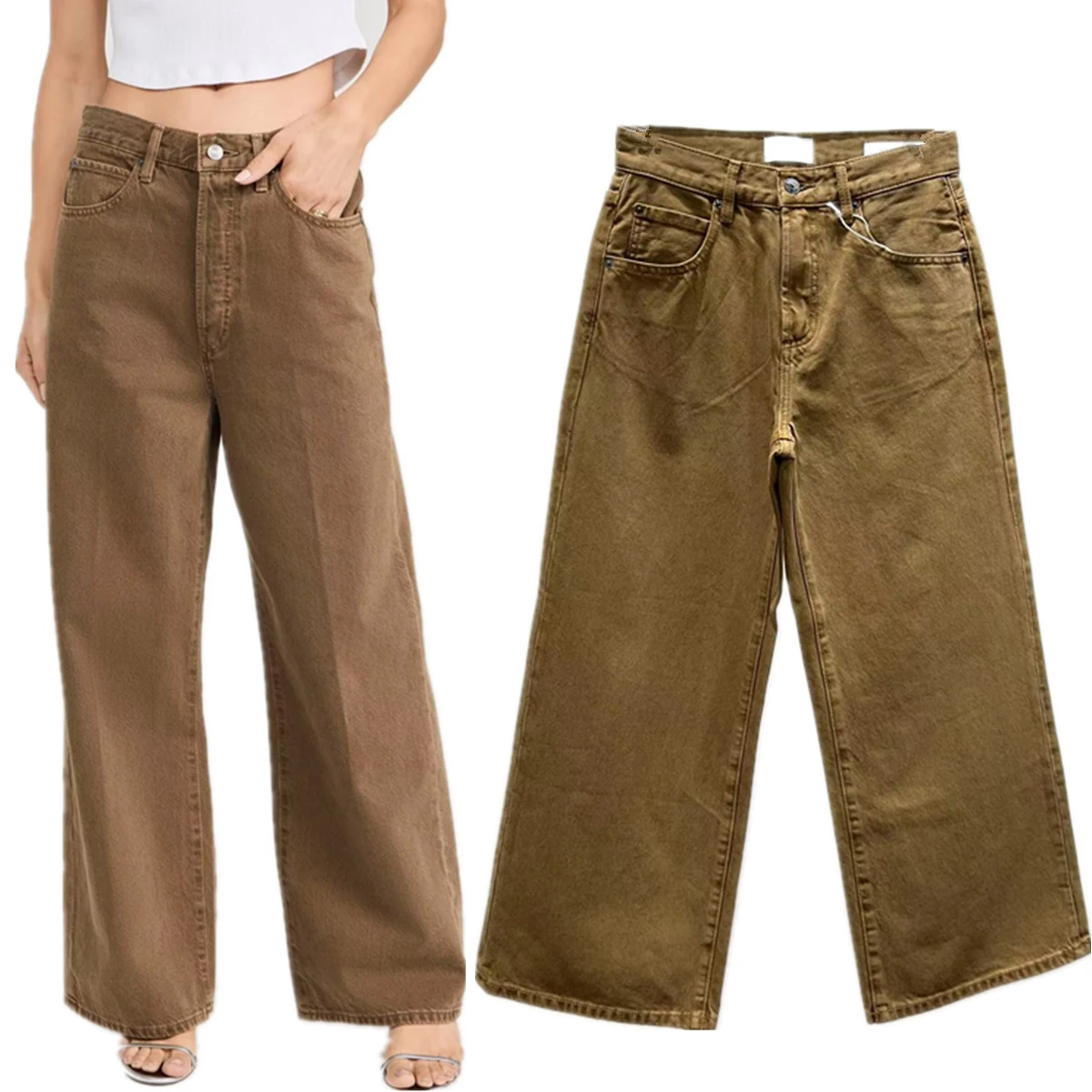 

Maxdutti Minimalist Dark Khaki Cotton Jeans High Waist Denim Pants Loose Fit Straight Wide leg Jeans Cropped Jeans For Women