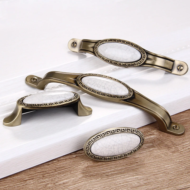 Zinc Alloy Antique Bronze Crack Design Ceramic Cabinet Handles Drawer Knobs Wardrobe Door Handle European Furniture