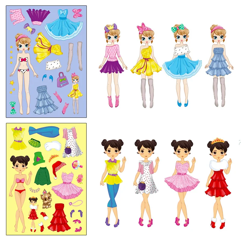 6-24Sheets Princess Dress-Up DIY Stickers for Kids Create-A-Face Sticker Pad Make Your Own Girls Puzzle Jigsaw Party Supplies