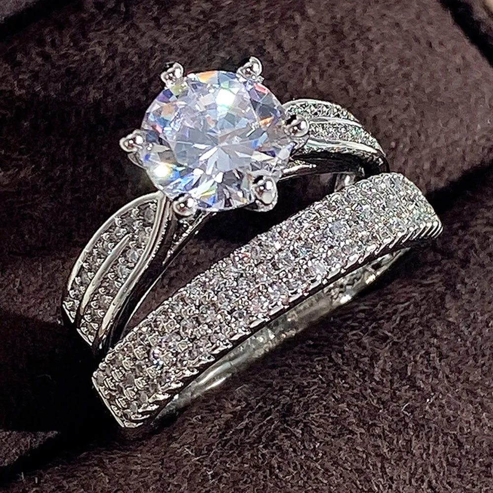 Zircon Wedding Ring Set, 2 Piece Silvery Engagement Rings
