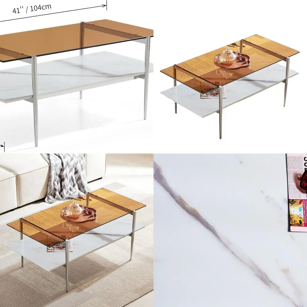 

Mid-Century Modern Glass Coffee Table, 41 Chrome Legs, Coffee Brown Top & Faux Marble Shelf
