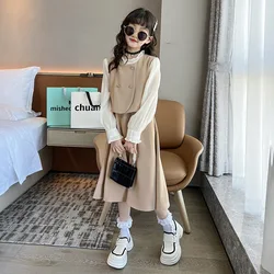 autumn new teenage girls dress Korean Spliced long sleeved kids dresses Fashionable lotus collar childrens clothing