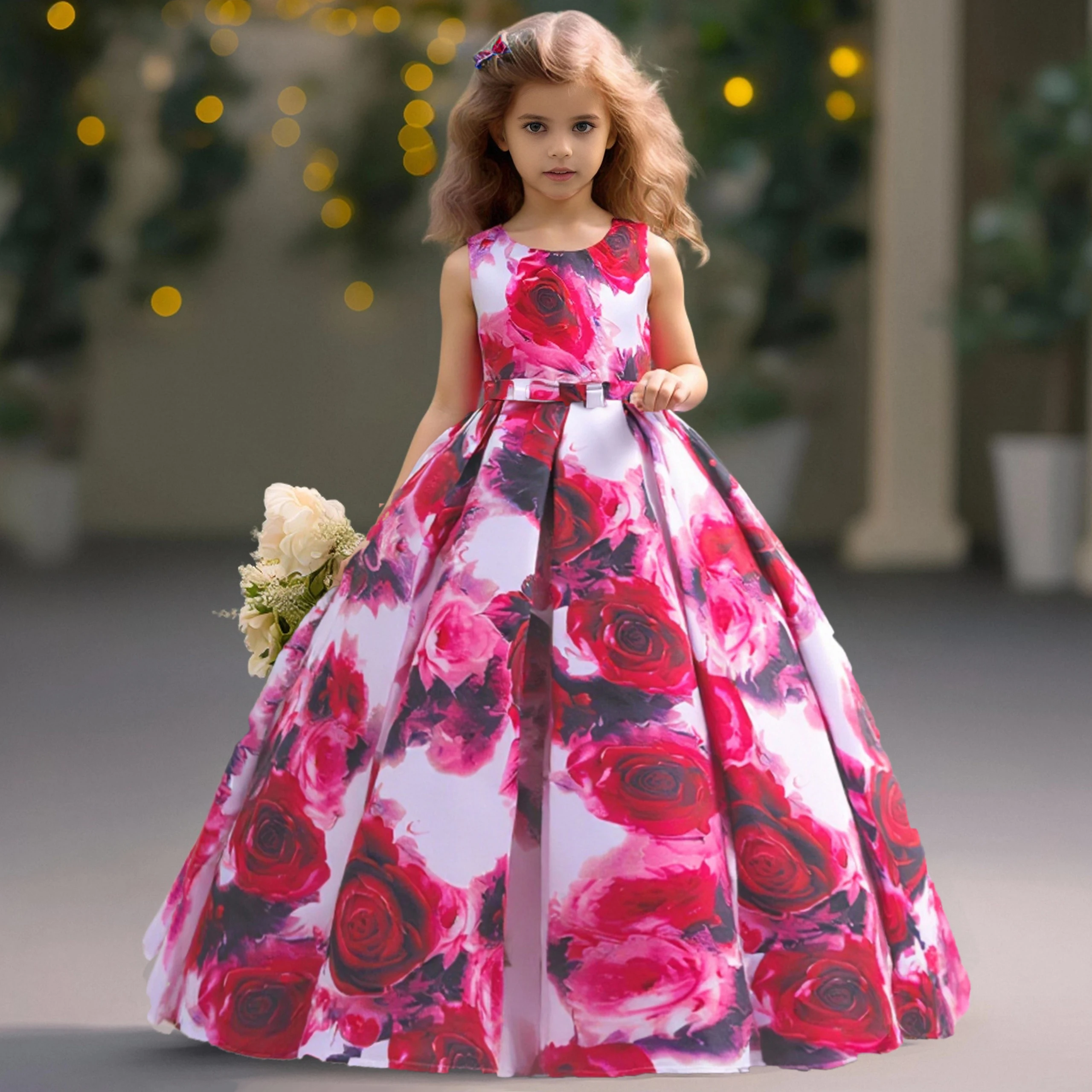 

Elegant Flower Printed Bridesmaid Girls Dresses Pink Wedding Birthday Prom Kids Dress for Girl Formal Birthday Christmas Costume