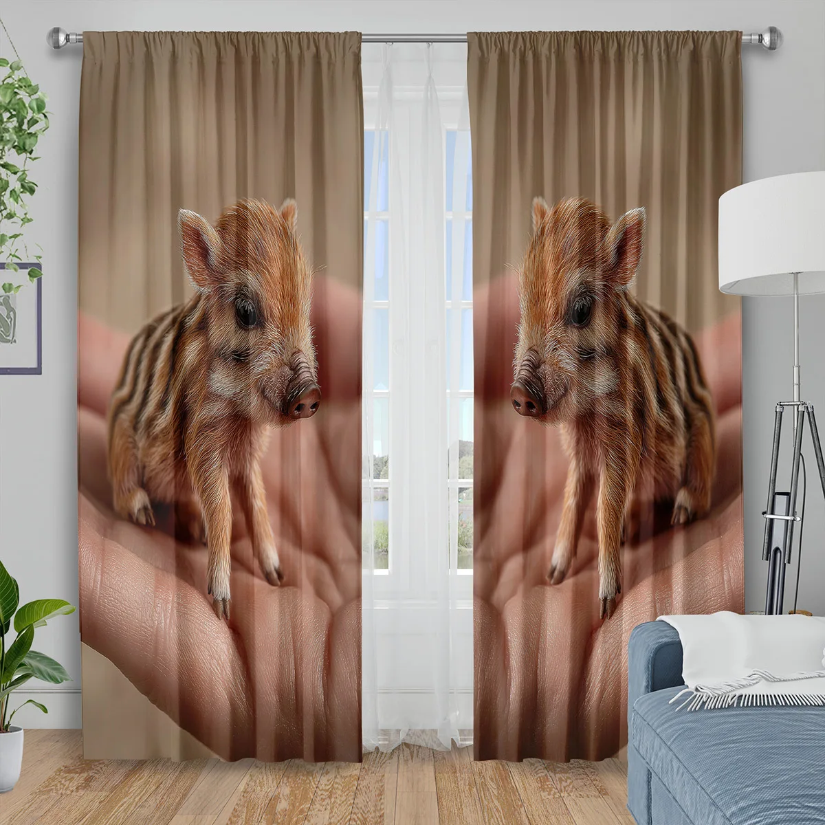 Cute Wild Boar Piglet Print Curtains Adorable Baby Animal in Hands Blackout Drapes for Bedroom Nature Wildlife Home Decor Window