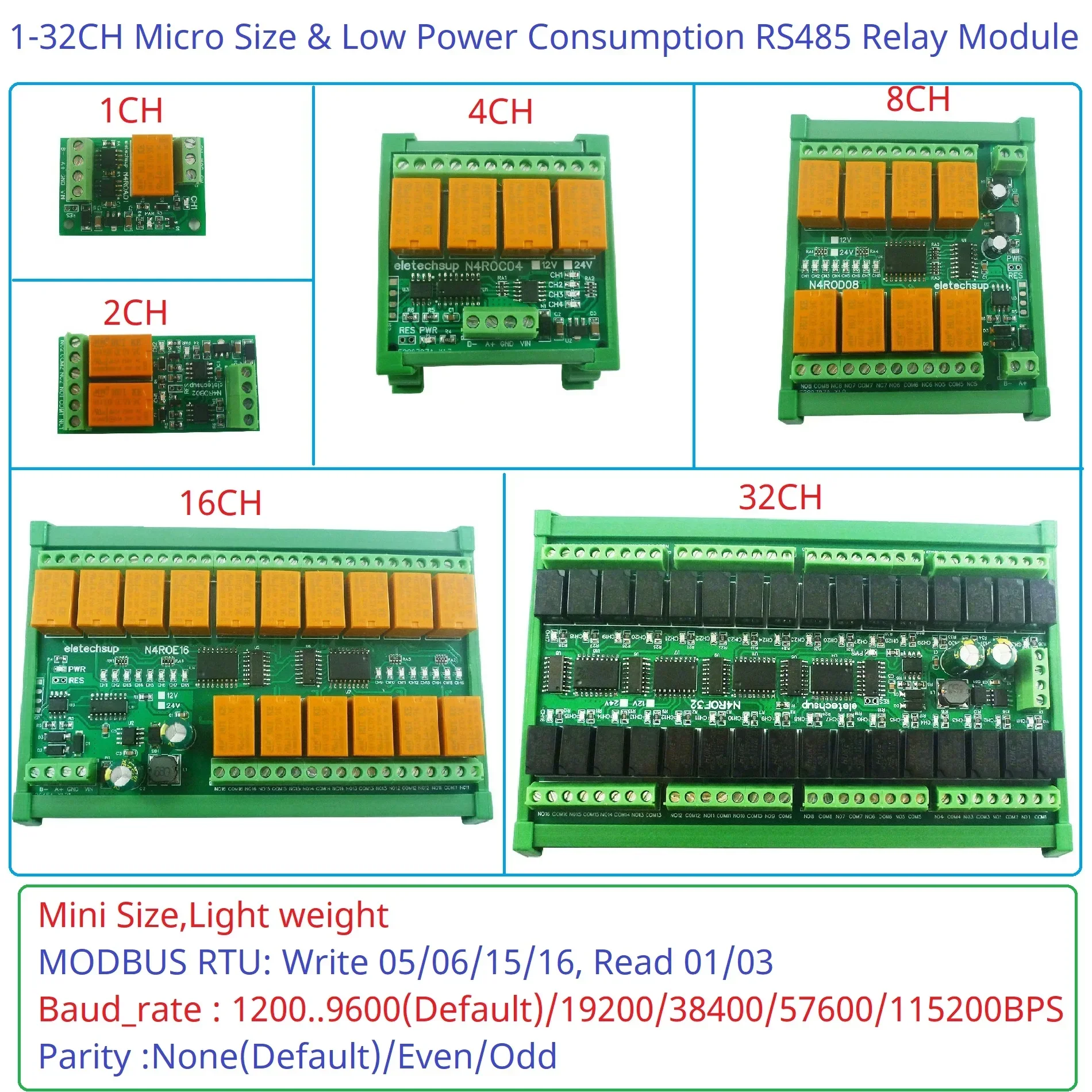 1-32CH 2A/3A RS485 Micro Relay Module DC 12V 24V MODBUS RTU I/O Expansion Board for PLC HMI Configuration Software PTZ