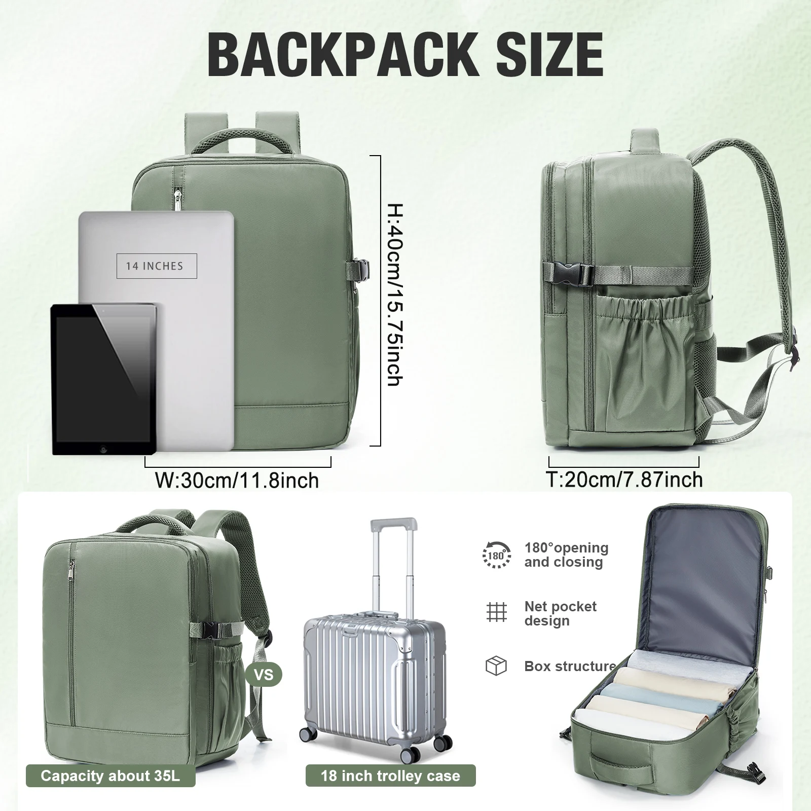 حقيبة ظهر للسفر على شكل طائرة مقصورة 40 × 20 × 30 حقيبة كابينة، حقيبة ظهر للنساء والرجال، حقيبة ظهر للكمبيوتر المحمول، حقيبة تخزين الملابس، حقيبة مدرسية