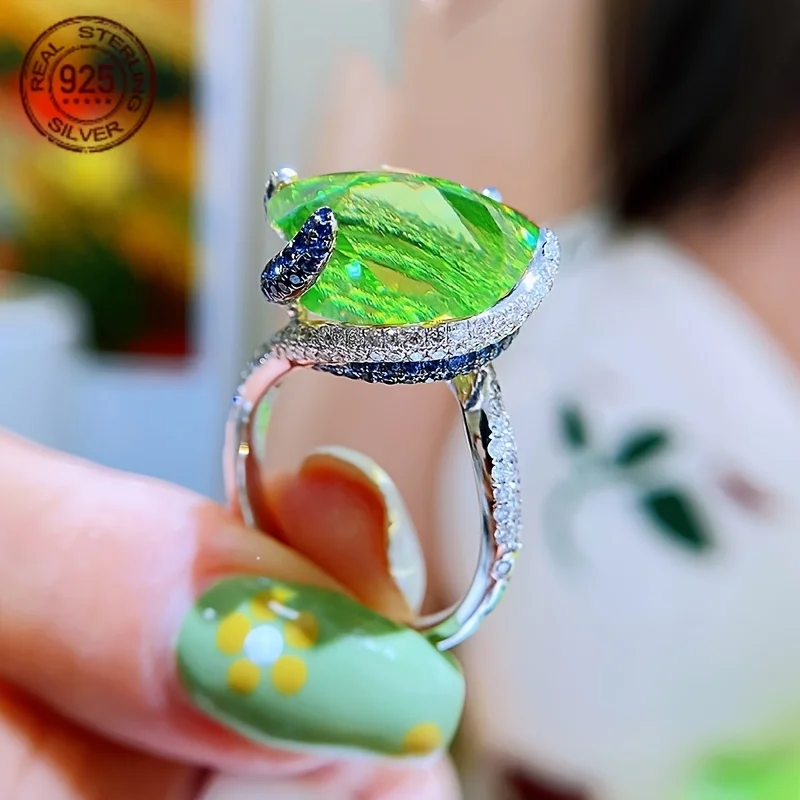 

Модные роскошные серебряные кольца S925 для женщин, модные женские роскошные кольца с большим турмалином и зеленым бриллиантом, изменяемого размера