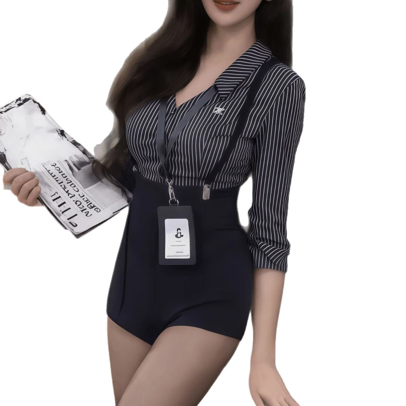 

Костюм для ролевых игр: полосатая рубашка и шорты с бретелями для зрелых женщин, образ офисной секретарши, учительницы, соблазнительная униформа