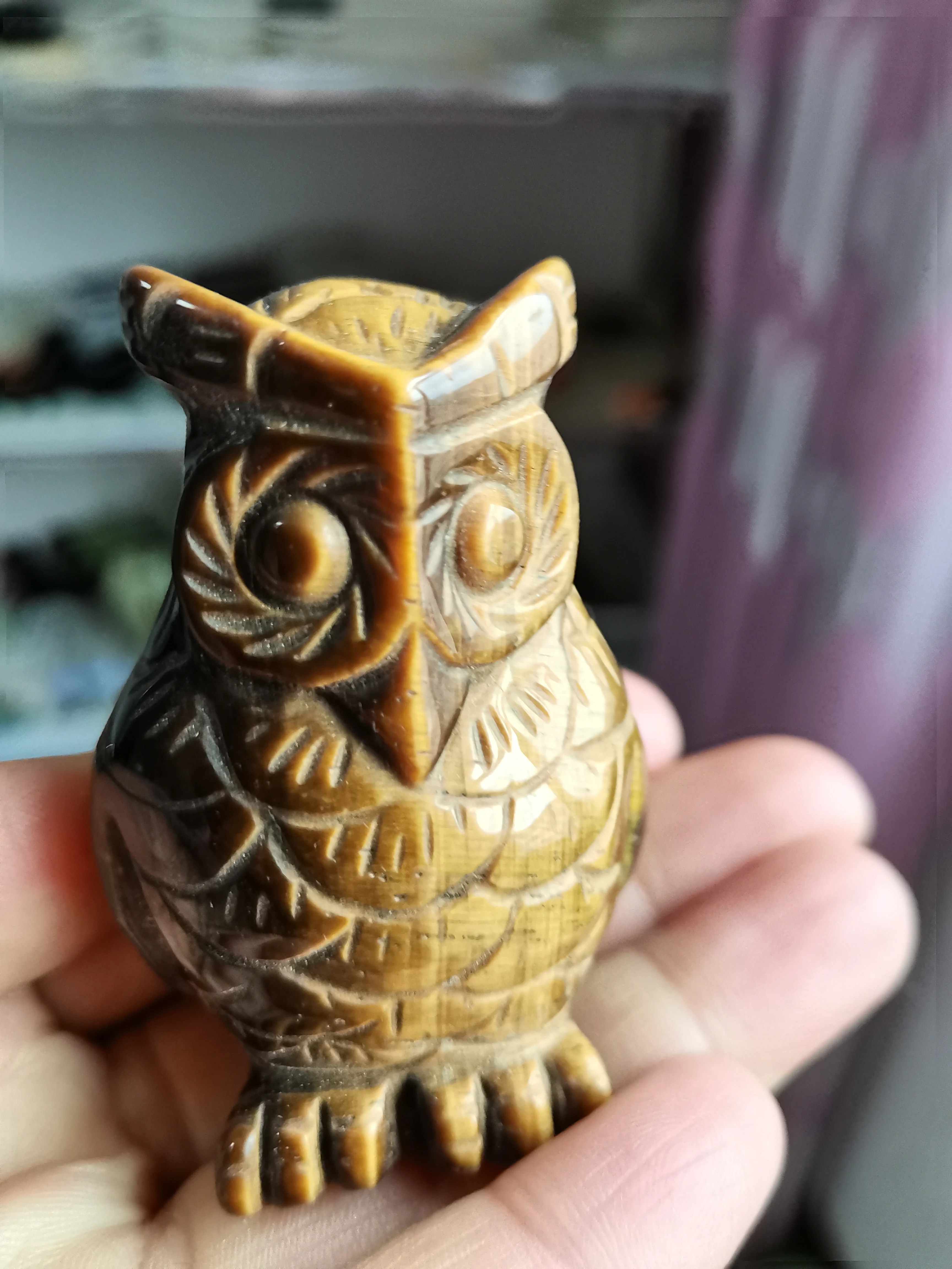 65mm Yellow Tiger's Eyeowl Statue Hand  Engraving Reiki Healing Home Decor Gift