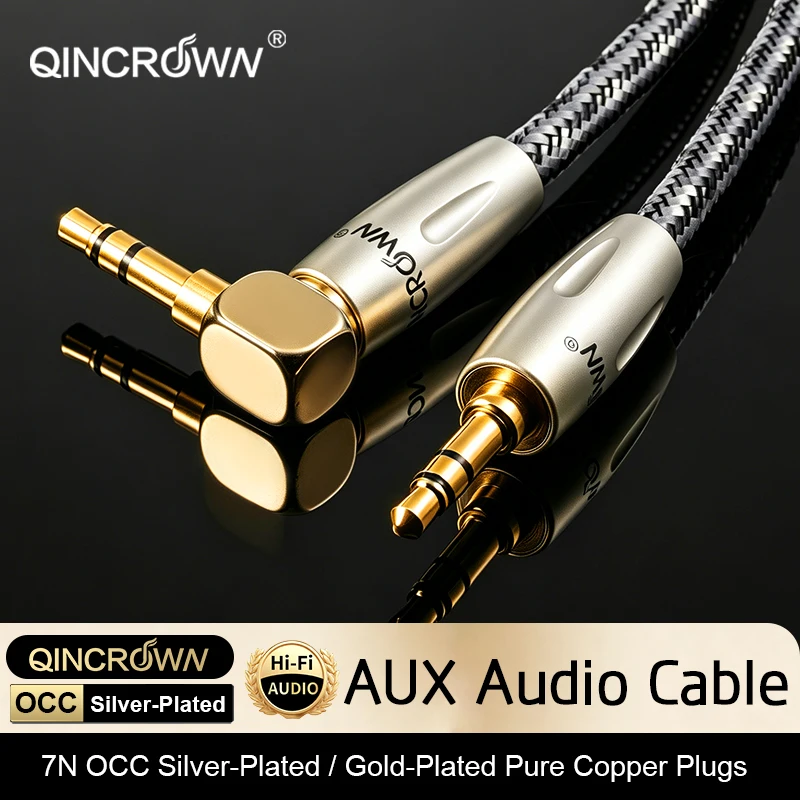 QINCROWN High‑End Audiophile 3.5mm AUX Audio Cable, Silver‑Plated OCC Copper for HiFi Amp Smartphone Headphone Stereo System
