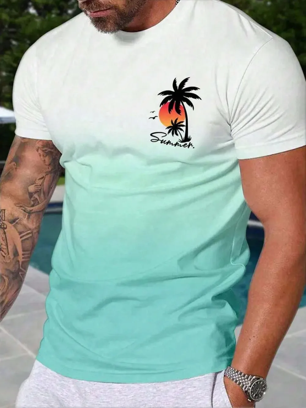 Gradient Coconut Tree Pattern 3D Print Sport Breath Quick-Dry Men's T-Shirt Outdoor Street Fashion Casual Parent-Child Clothing