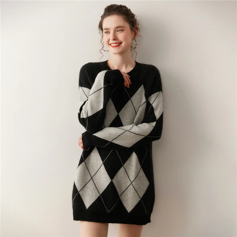 

Women Mid-length 100% Cashmere Sweater Autumn Winter O-neck Thick Warm Pullover Dress New Style Argyle Woman Knit Casual Blouse