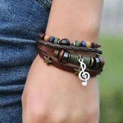 Beaded Leather Bracelet Men Streetwear Men's Bracelet Alloy Note Leather Bracelet Accessories Versatile Temperament Bracelet