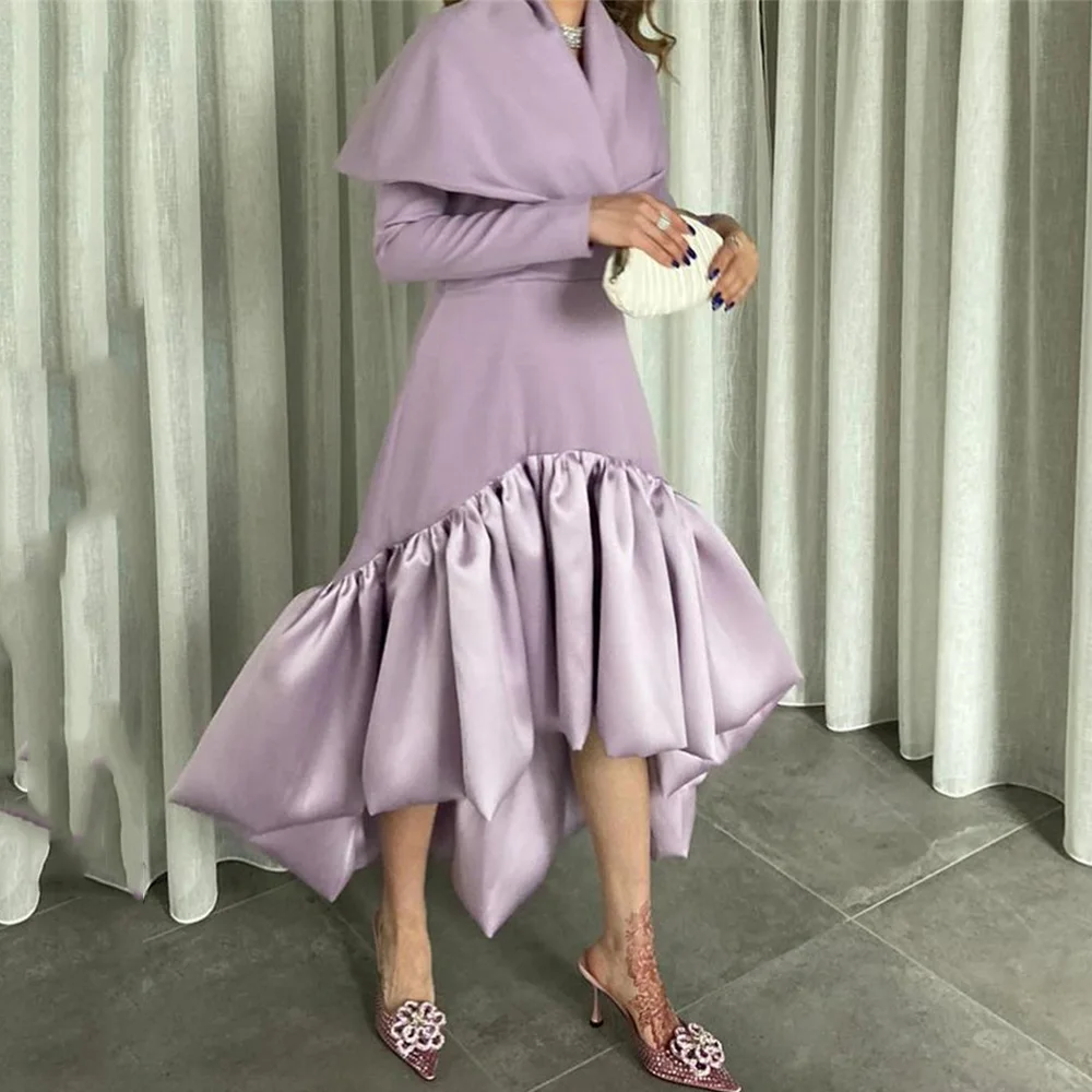 

Prom Gown Asymmetrical Long Sleeve Tea-Length Evening Dresses Patchwork Pleat Temperament Solid Color Party Dress فساتين السهرة