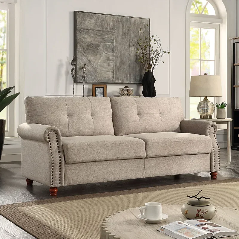 Beige Linen Fabric Upholstery with Storage Sofa /Tufted Cushions/ Easy, Tool-Free Assembly, for indoor living room furniture