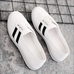 Women New Canvas Shoes Flat Shoes Lace Up Sports Vulcanized Women Lightweight Soft Sole non-slip Loafers White Cloth Shoes