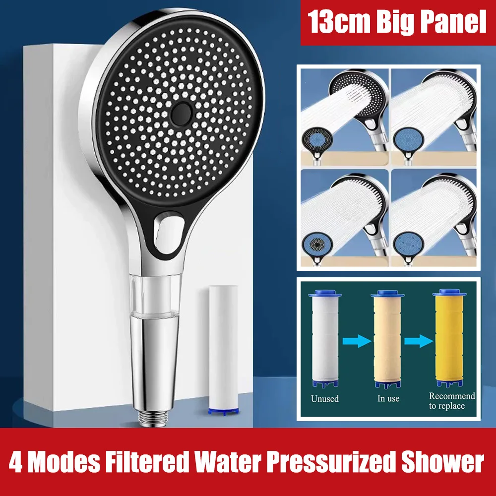 Black Silver Grey 13CM Big Panel Rainfall Handheld Shower Head High Pressure 4 Modes Ajustable Bathroom Showerhead with Filter