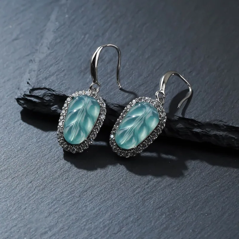 New-Style Natural A-Grade Jadeite Blue Leaf Inlay Women'S Earrings