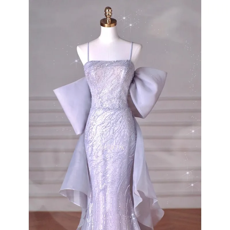 2025 New Sequin Mermaid Prom Gown Women Blue Long Evening Party Dress with Big Bow Elegant Tulle Train Wedding Dress Bride Gowns