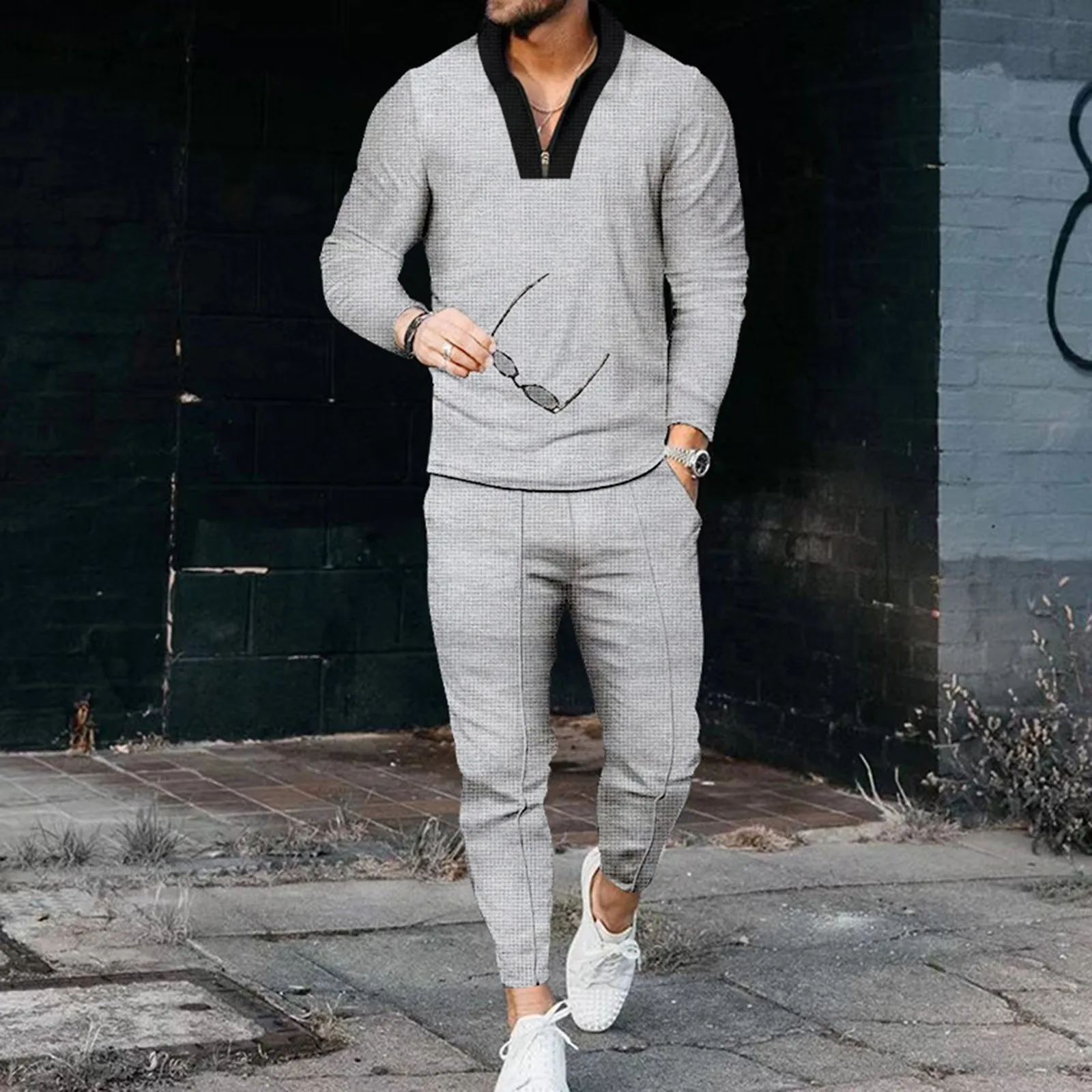 Male Autumn And Winter Tracksuit Plaid Long Sleeve Top Pants Two Piece Set Zipper Collar Pocket Sportswear Casual Man Sweatsuit