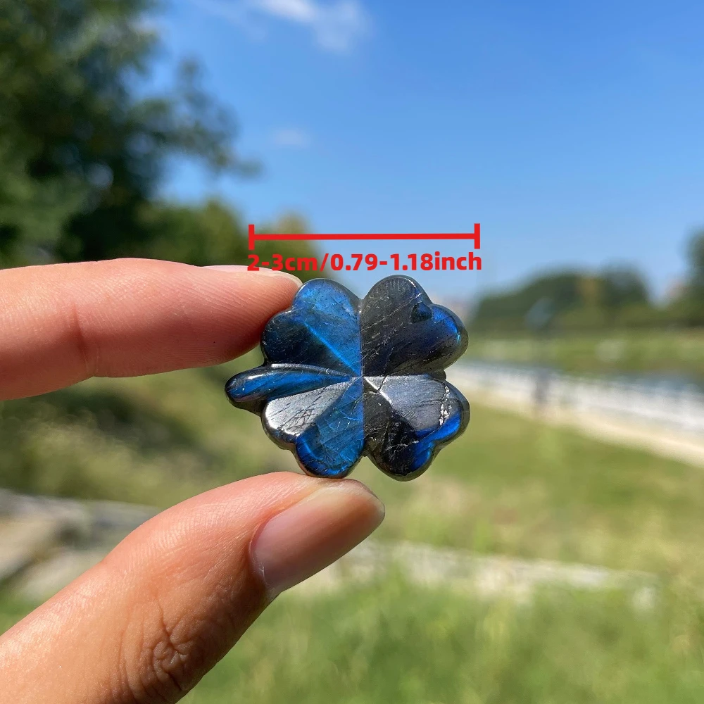 Natural Flashy Labradorite Four Leaf Clover Carving Mini Stone Ornament Desktop Decor Collectible Gift for Crystal Lovers
