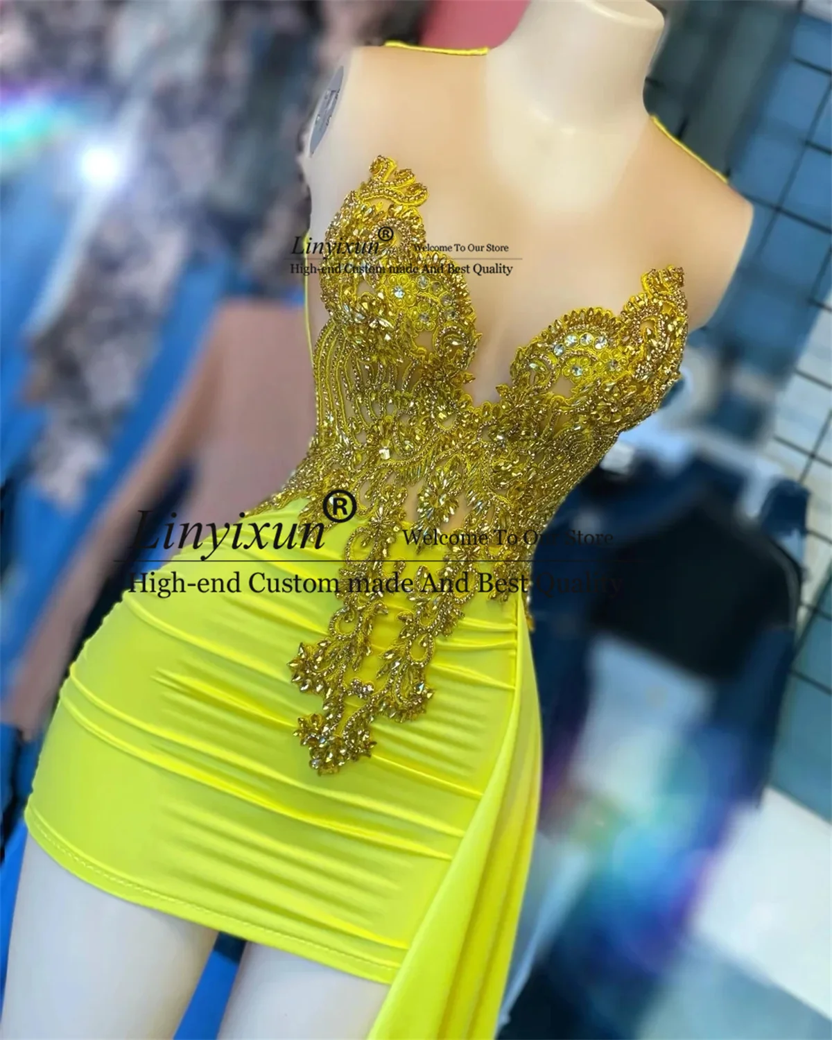 Yellow Sheer Diamond Prom Dresses Black Girls Sexy Homecoming Party Gala Dresses African Mini Short Birthday Cocktail Gowns