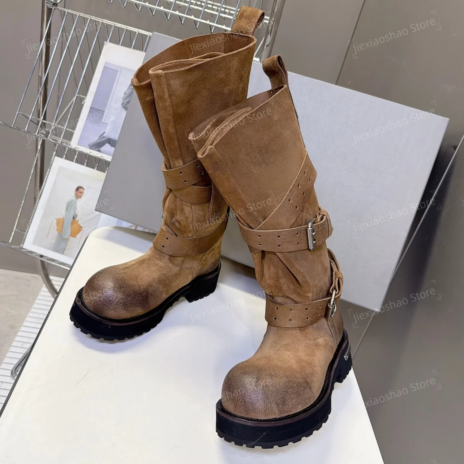 Desinger Top Quality Street Style Genuine Leather Round-Toe Chunky Heel Knee High Boots Woman Belt-Buckle Decora Slouch Boots