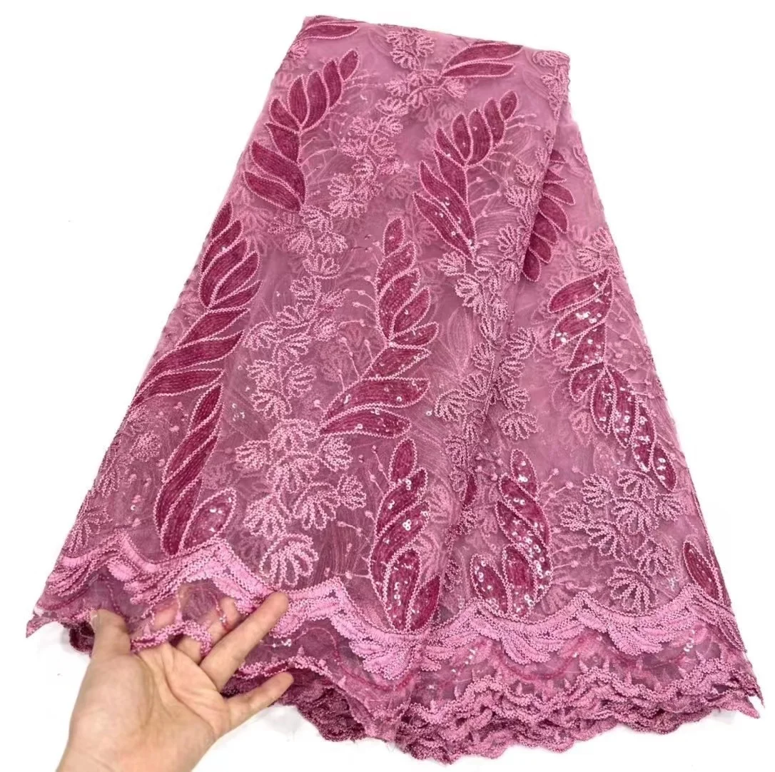 

Pink Heavy Sequin Lace Fabric Luxury African French Tulle Lace Fabric Sequence Fabric For Women Sewing Party Bridal Dress 5 Yard